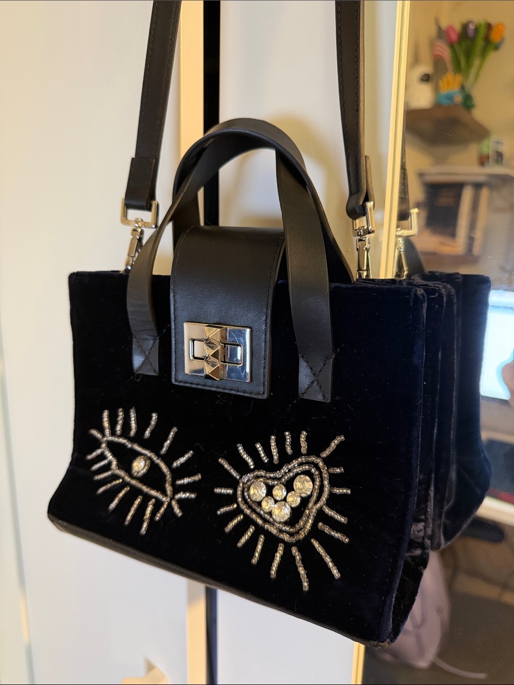 Ash Navy Velvet Satchel with Crystal Eye & Heart Embellishment